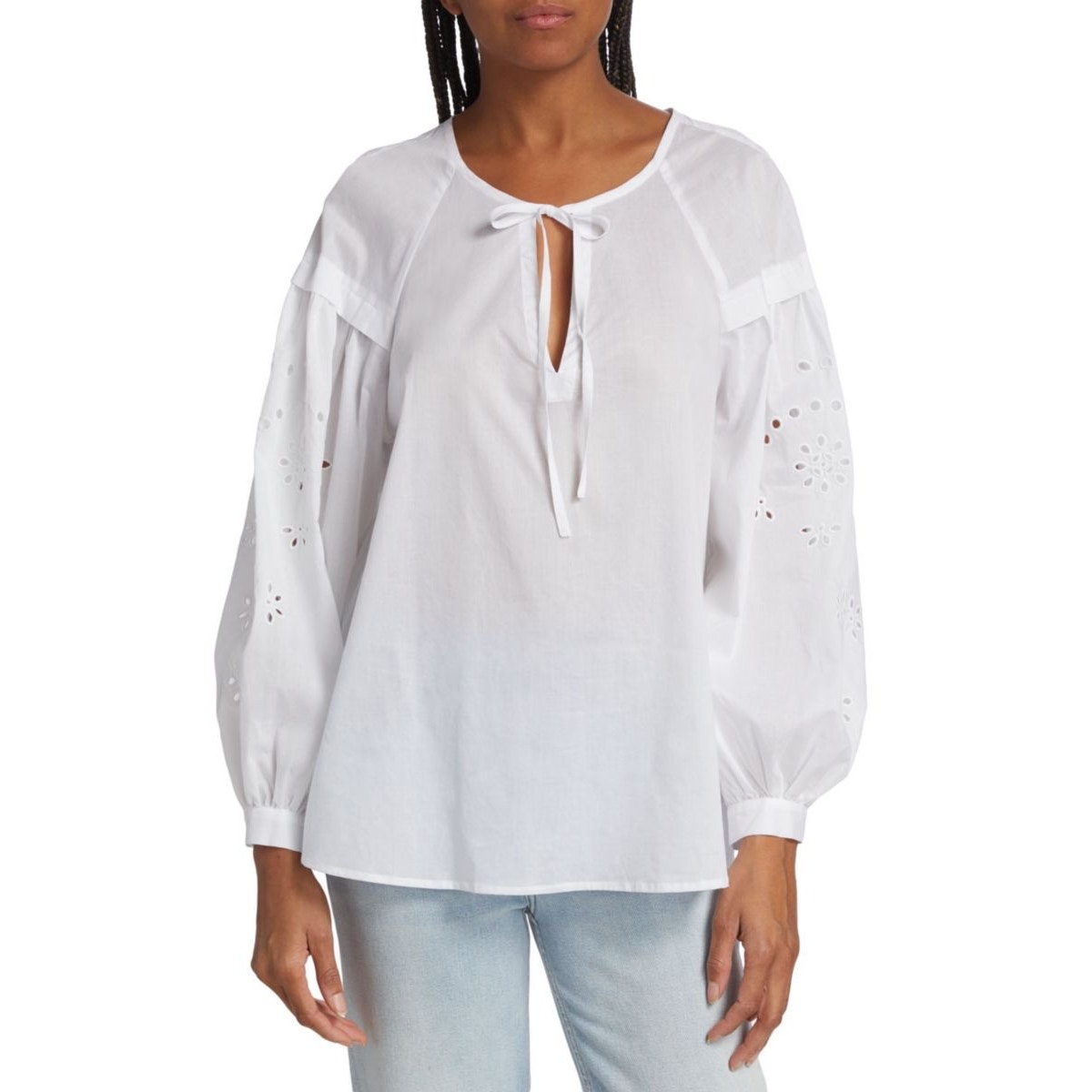 Rails Dari White Eyelet Drop Shoulder Tie Neck Top Size Large Nwt